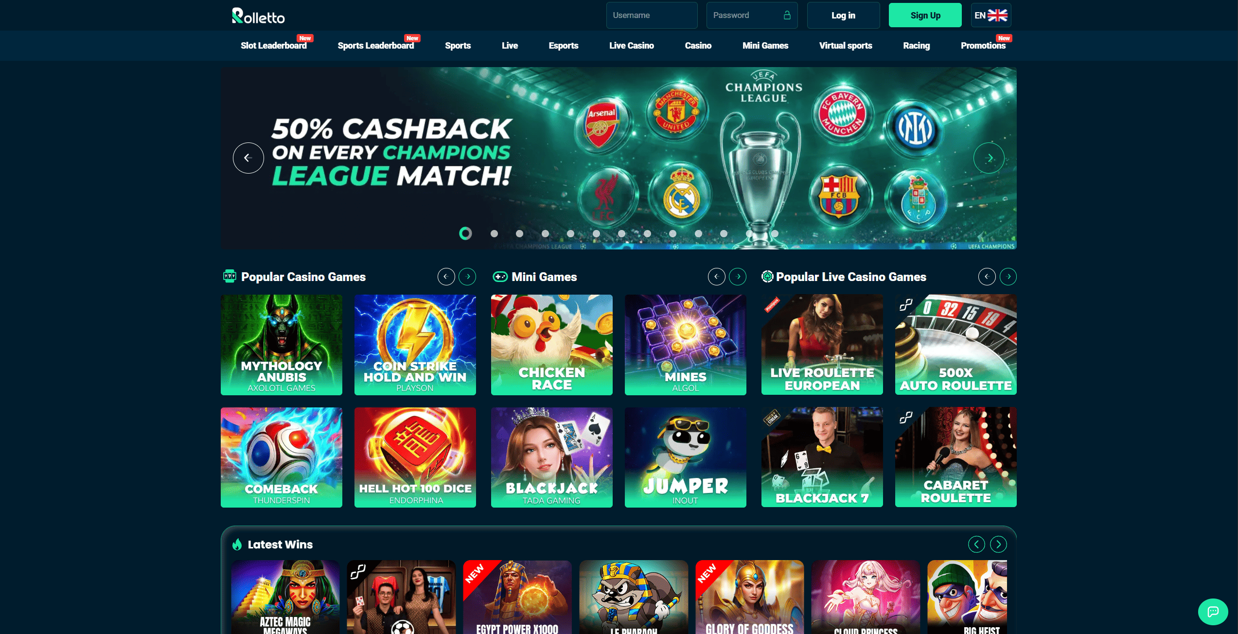 Screenshot of the Rolletto Casino website